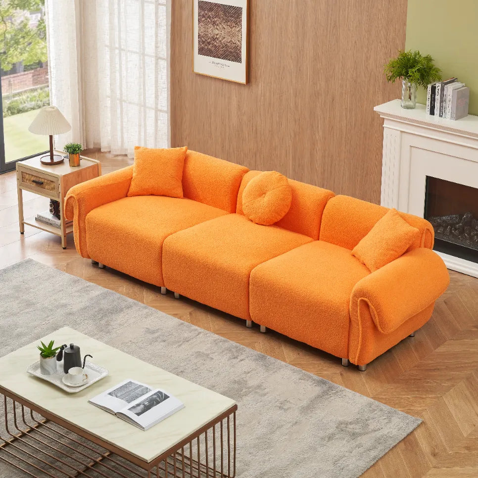 3 Seater Sofa, Plush Upholstered Teddy Velvet Couch, Orange