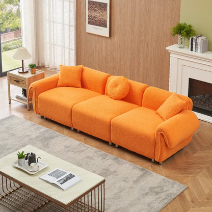 3 Seater Sofa, Plush Upholstered Teddy Velvet Couch, Orange