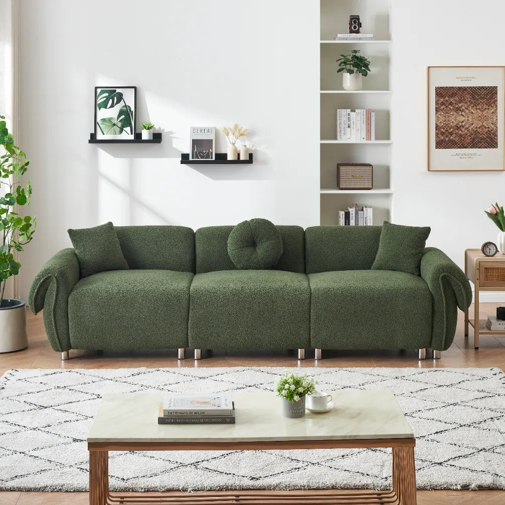3 Seater Sofa, Plush Upholstered Teddy Velvet Couch, Green