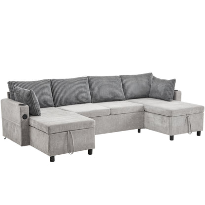 Corduroy Couch with Chaise Sleeper, Sectional Sofa Pull-Out, Grey