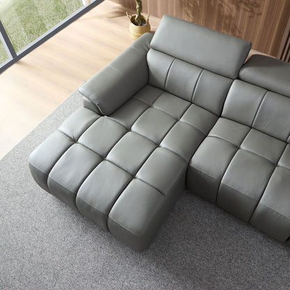 Genuine Leather Recliner Sofa, Modern Couch with Chaise, USB and Adjustable Headrest, Dark Grey
