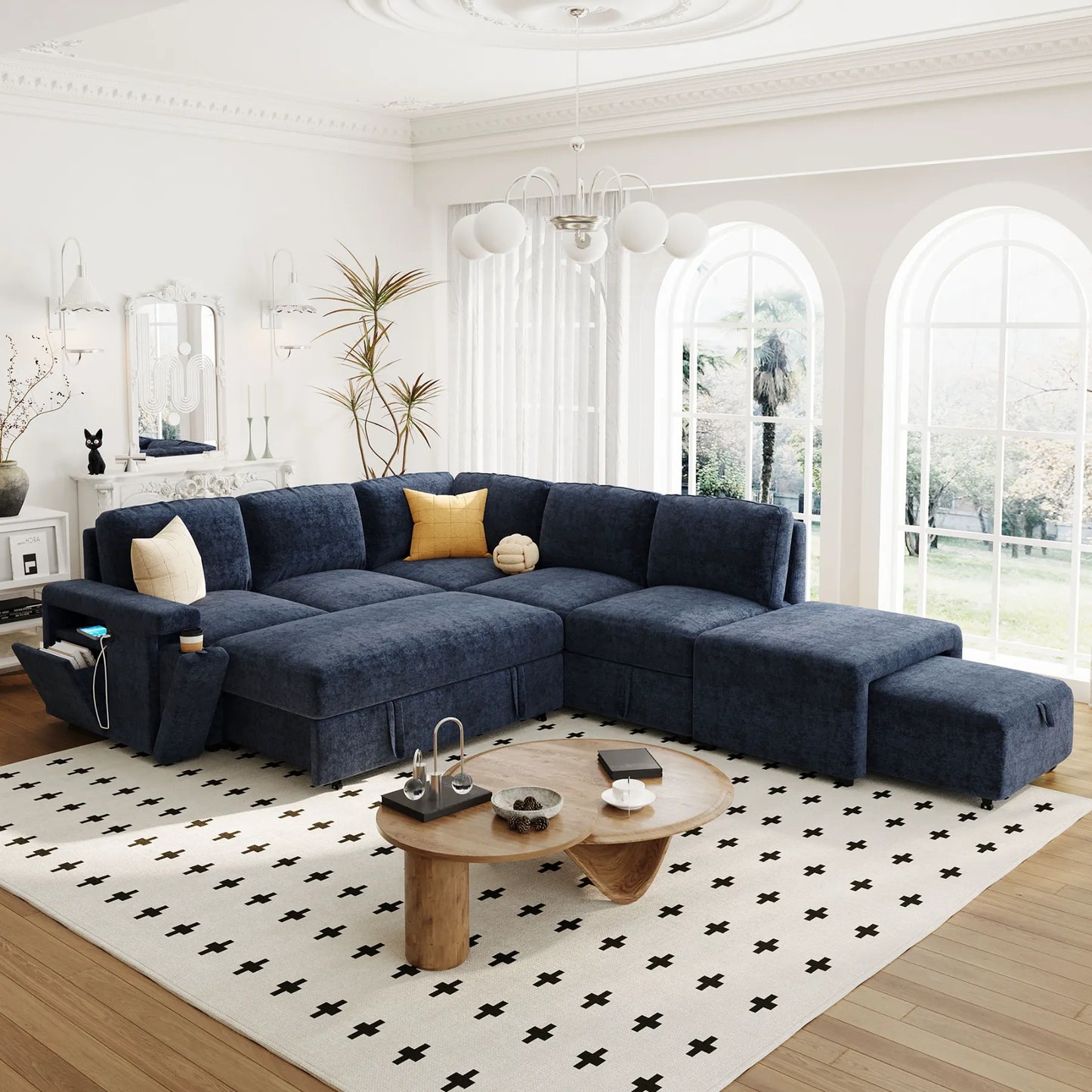 Sleeper Sectional, Sofa L Shape, Couch with Ottoman and Storage, Blue