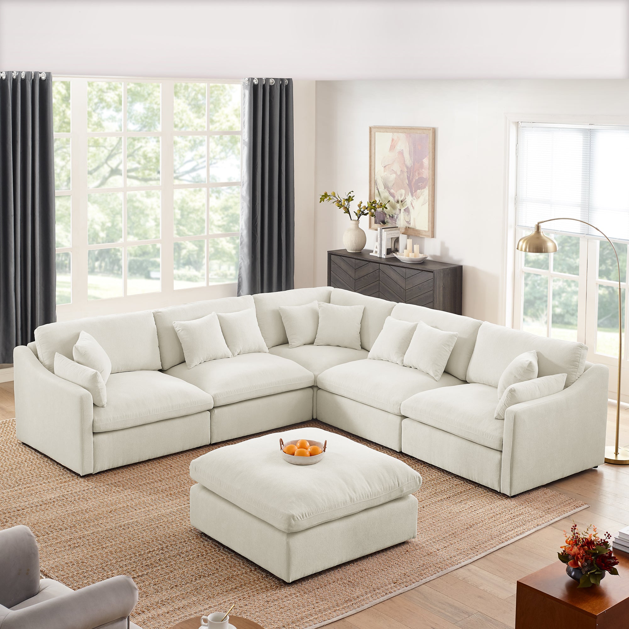 Sofa L Shape, Corner Sectional Couch with Ottoman, Beige