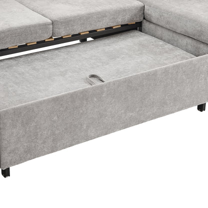 Corduroy Couch with Chaise Sleeper, Sectional Sofa Pull-Out, Grey