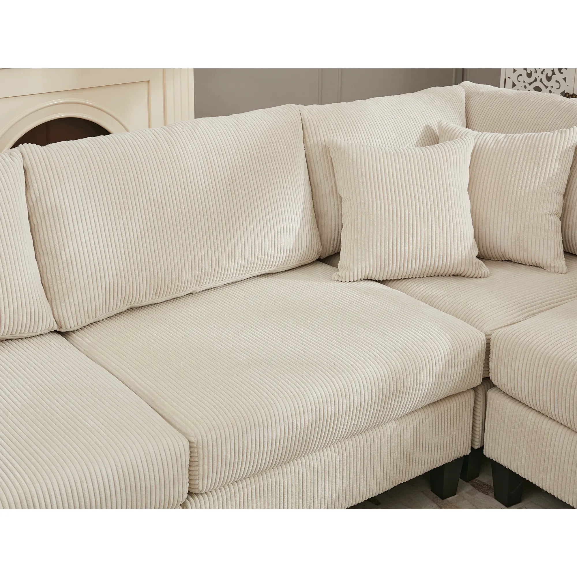 Modular Sectional Sofa, Deep Seat Corduroy Couch, Beige