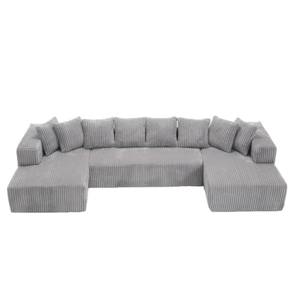 Modular U Shaped Sectional, Corduroy Couch with Double Chaise, Gray