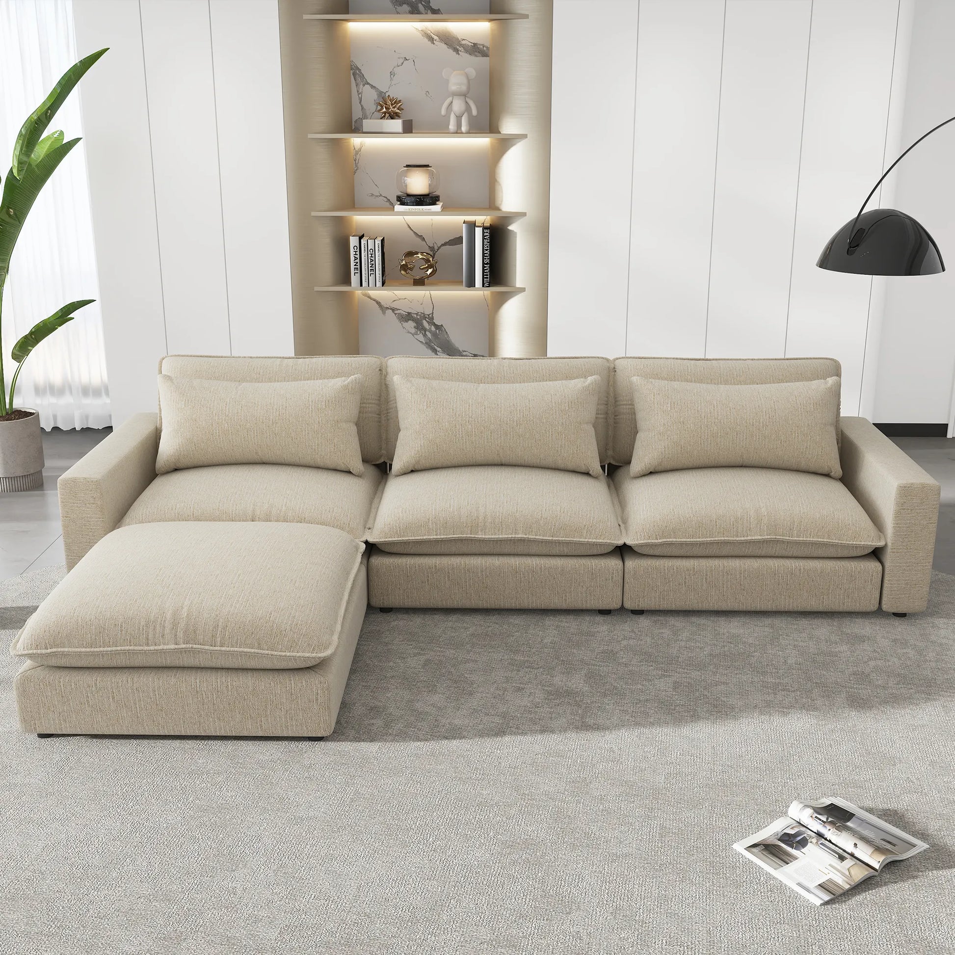 Comfy Sectional Cloud Couch, Chenille Sofa with Ottoman, Beige
