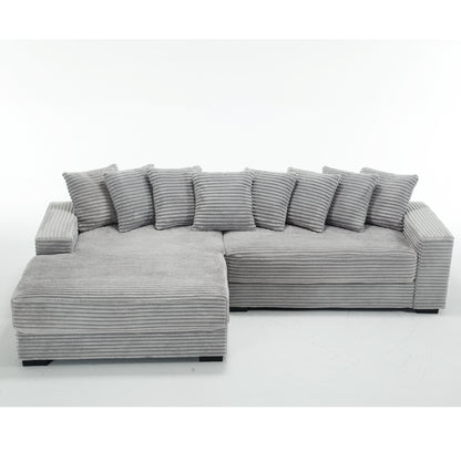L Shaped Corduroy Couch, Plush Chaise Lounge Sofa, Gray