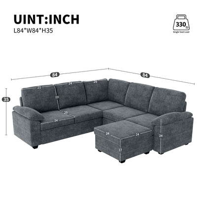 Modern L-Shape Velvet Sectional Sofa, Corner Couch with Ottoman, Grey