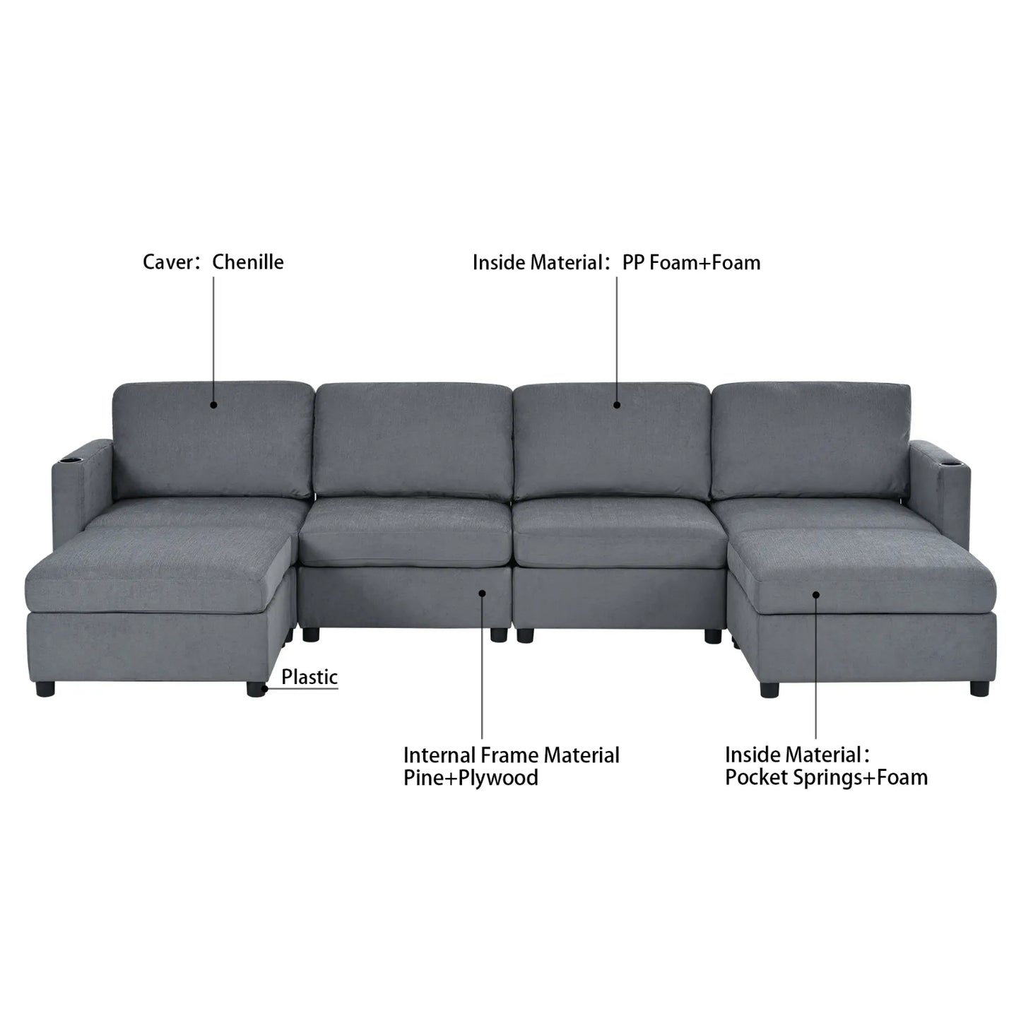 Large Sectional Couch with Storage, Sofa with Chaise- Gray