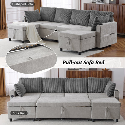 Corduroy Couch with Chaise Sleeper, Sectional Sofa Pull-Out, Grey