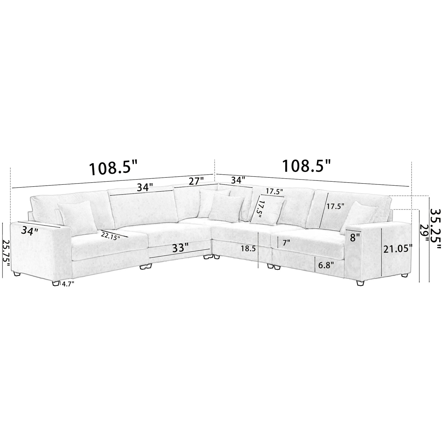 Modular Sectional Sofa, Deep Seat Corduroy Couch, Dark Gray