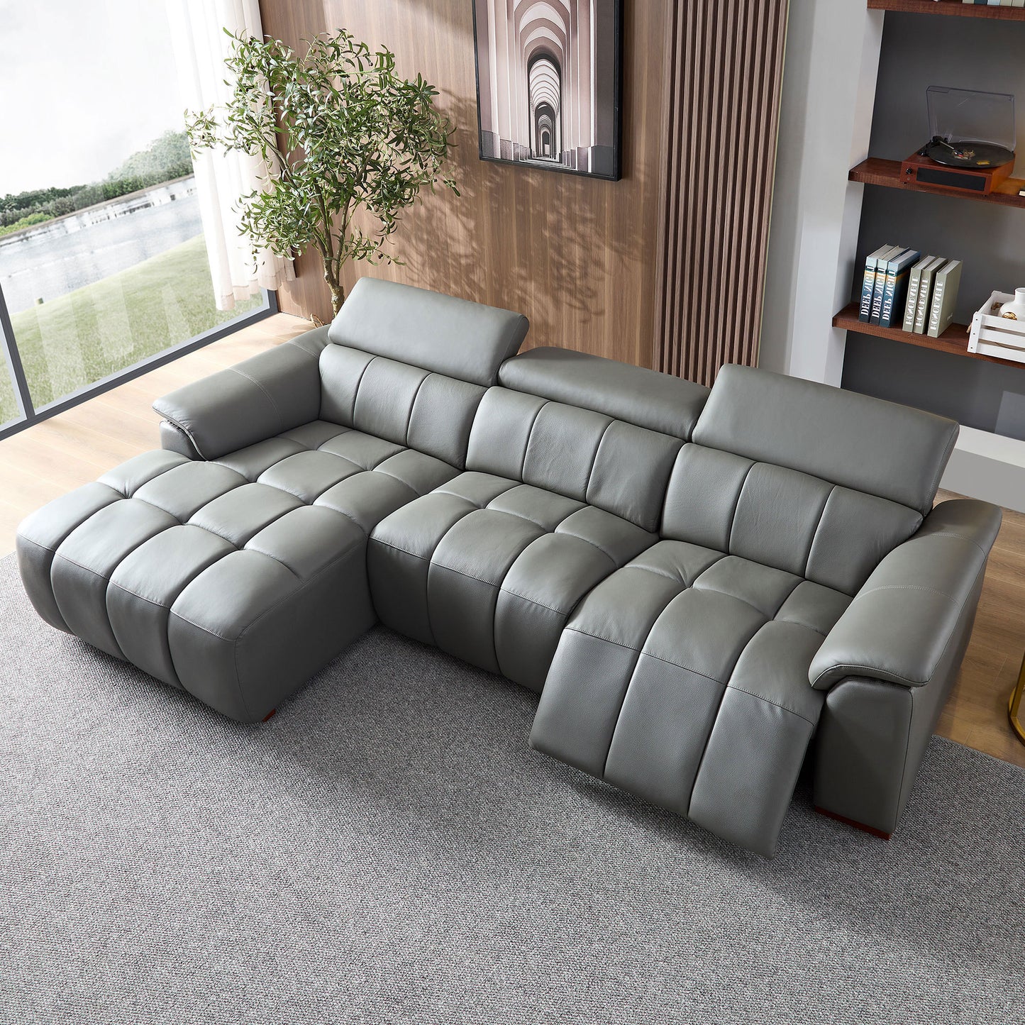 Genuine Leather Recliner Sofa, Modern Couch with Chaise, USB and Adjustable Headrest, Dark Grey