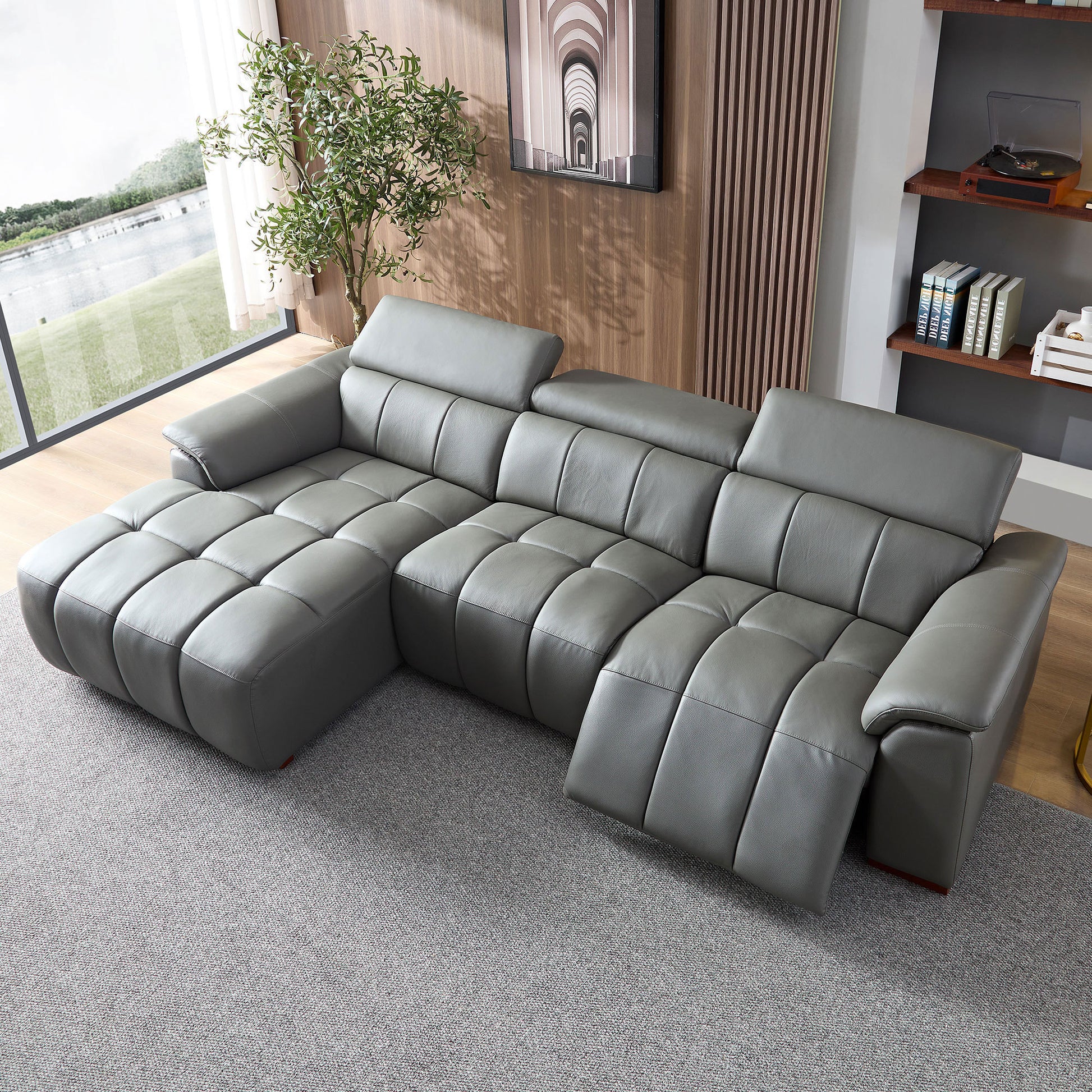 Genuine Leather Recliner Sofa, Modern Couch with Chaise, USB and Adjustable Headrest, Dark Grey