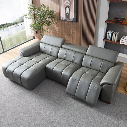 Genuine Leather Recliner Sofa, Modern Couch with Chaise, USB and Adjustable Headrest, Dark Grey