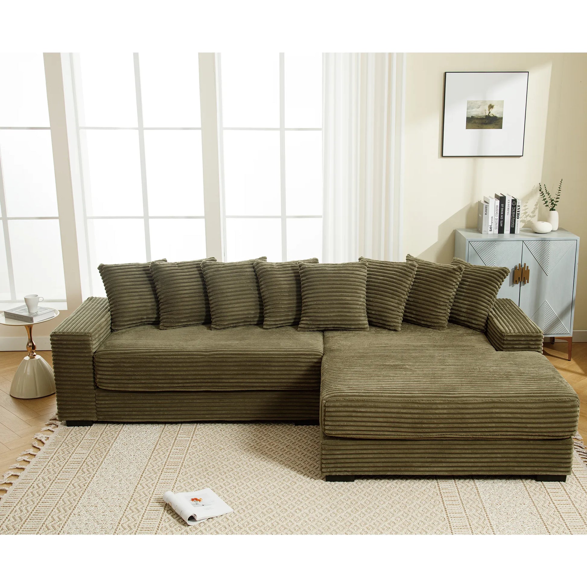 L Shaped Corduroy Couch, Plush Chaise Lounge Sofa, Green