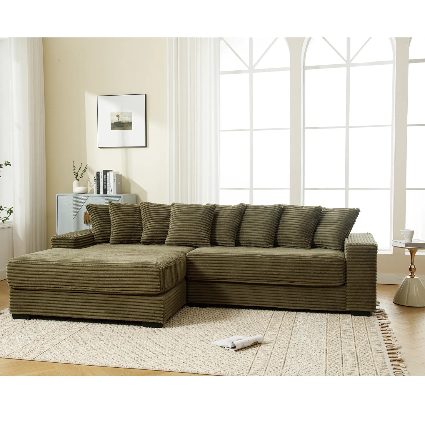 L Shaped Corduroy Couch, Plush Chaise Lounge Sofa, Green