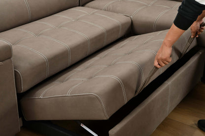 Louie L-Shaped Sofa Bed, Convertible Couch Pullout with Storage Chaise and Adjustable Headrest - Brown