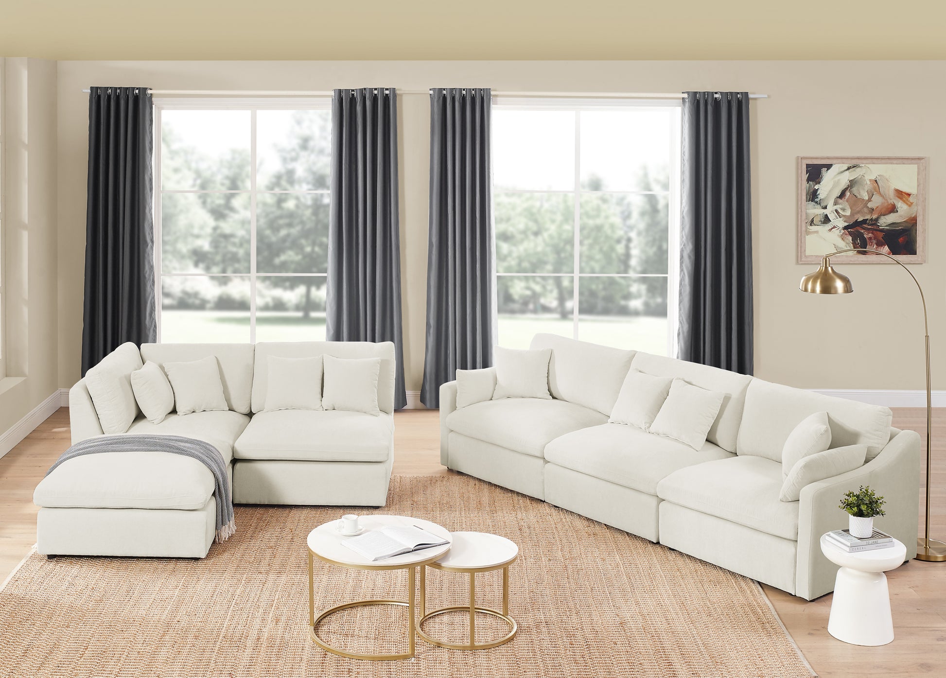 Sofa L Shape, Corner Sectional Couch with Ottoman, Beige