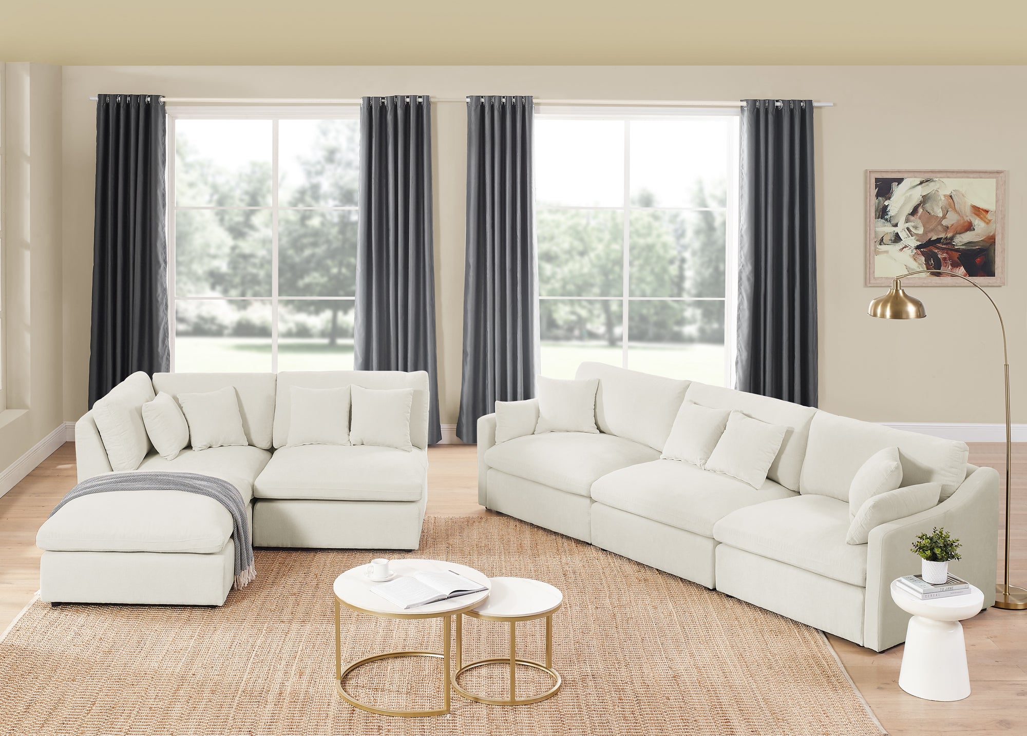 Sofa L Shape, Corner Sectional Couch with Ottoman, Beige