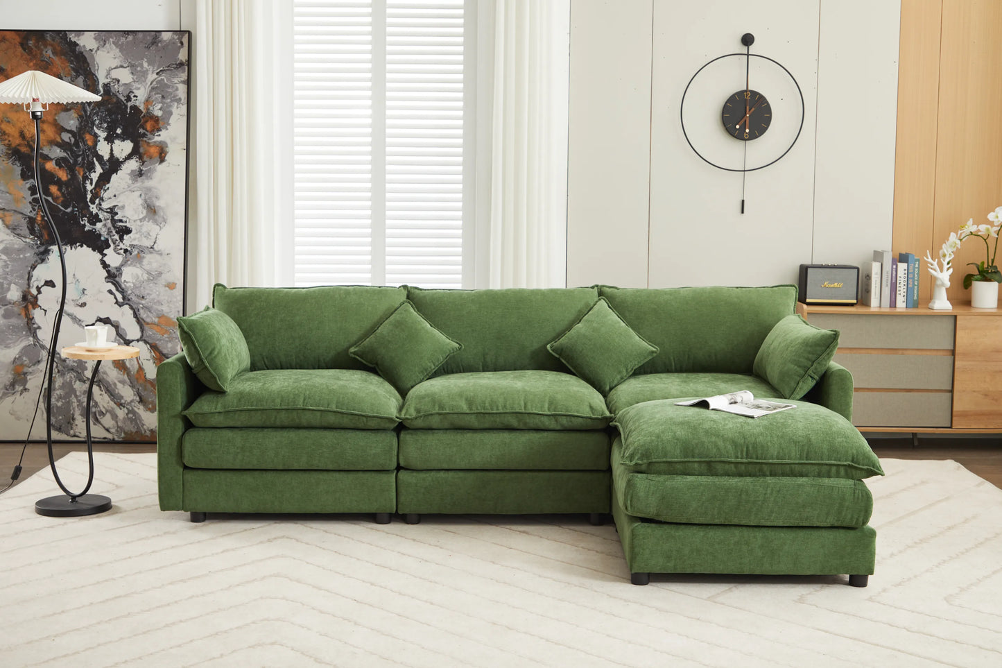 3 Seater Sofa, L Shaped Couch with Ottoman, Beige/Gray/Green