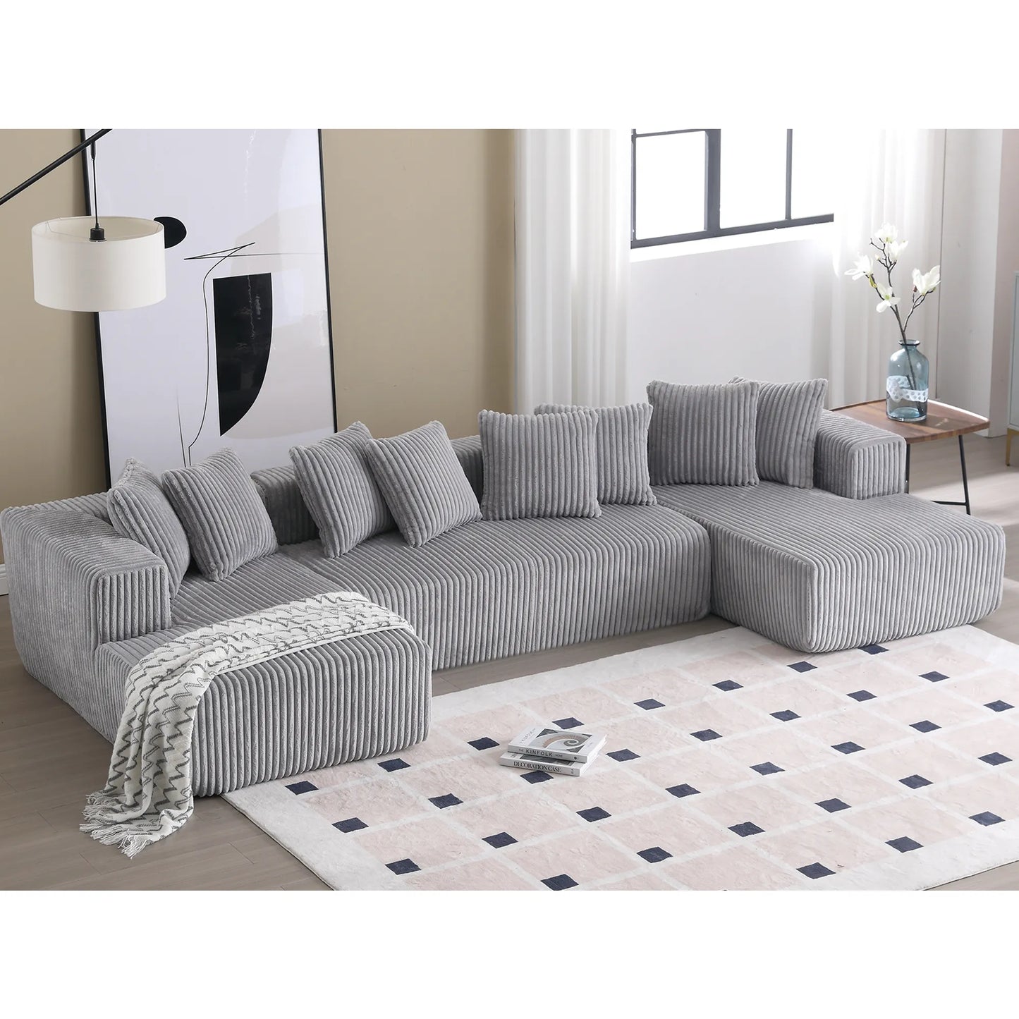 Modular U Shaped Sectional, Corduroy Couch with Double Chaise, Gray