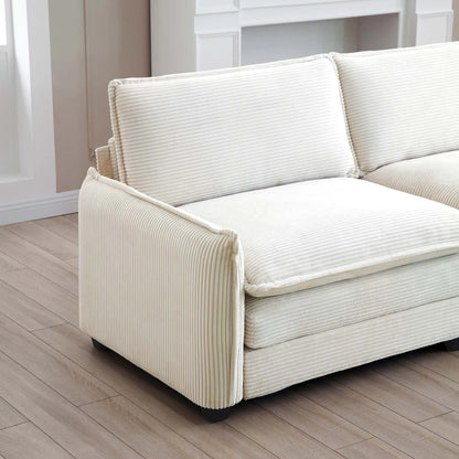 U Shape Sectional Cloud Sofa, Plush Corduroy Couch with Ottoman, Beige