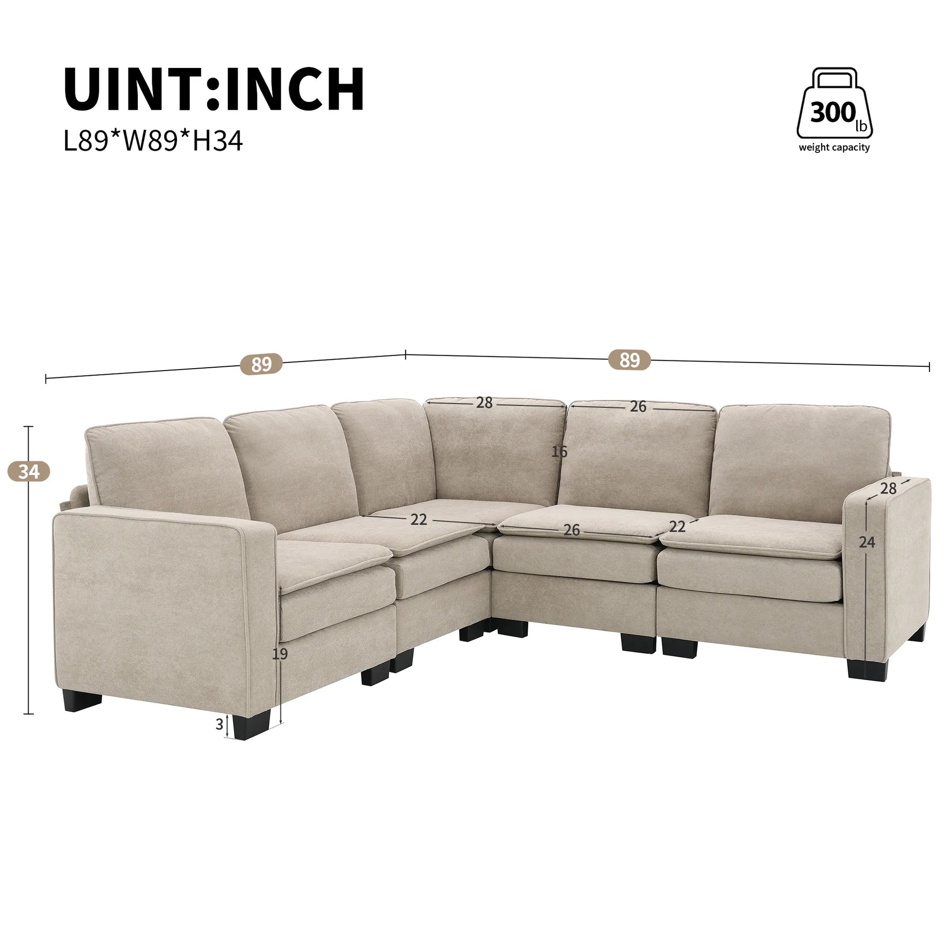 Corner Sectional Sofa, L-Shaped Comfy Couch, Khaki