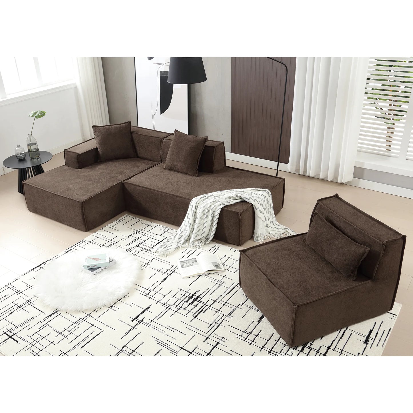 Modular Lounge Sofa, L Shaped Sectional with Chaise, Brown