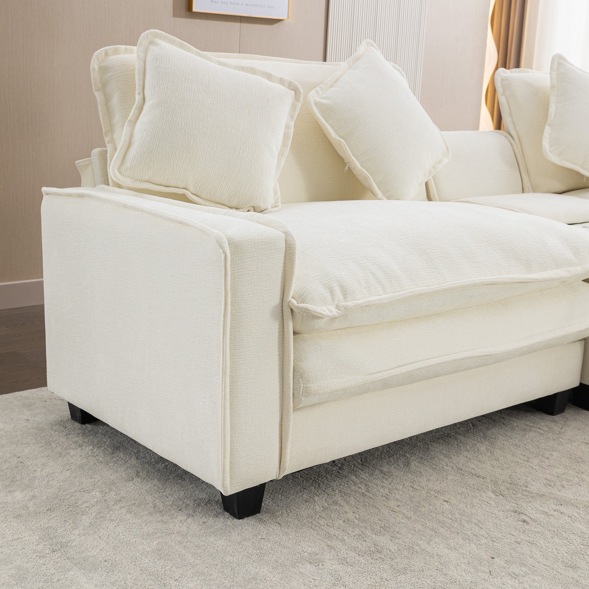 Plush Couch, Deep Seat Couch with Ottomans, Beige