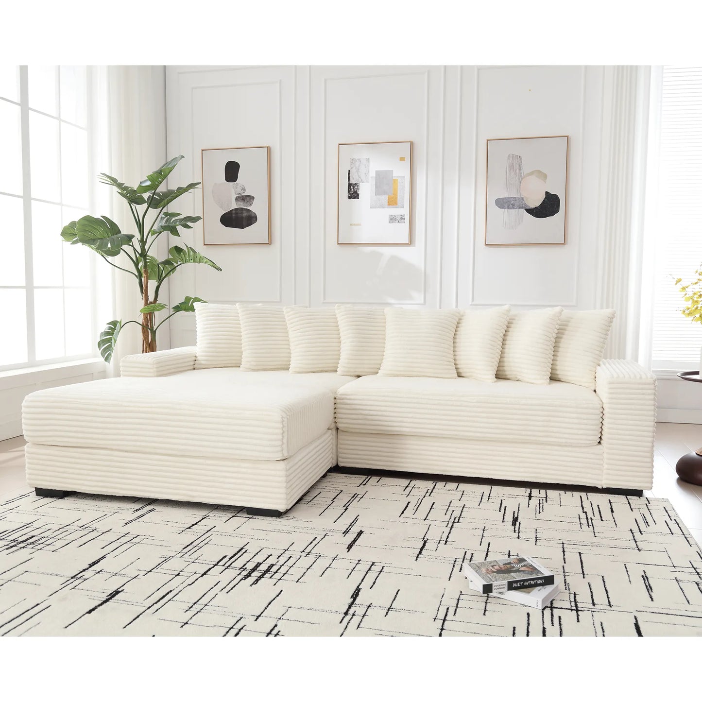 L Shaped Corduroy Couch, Plush Chaise Lounge Sofa, Beige