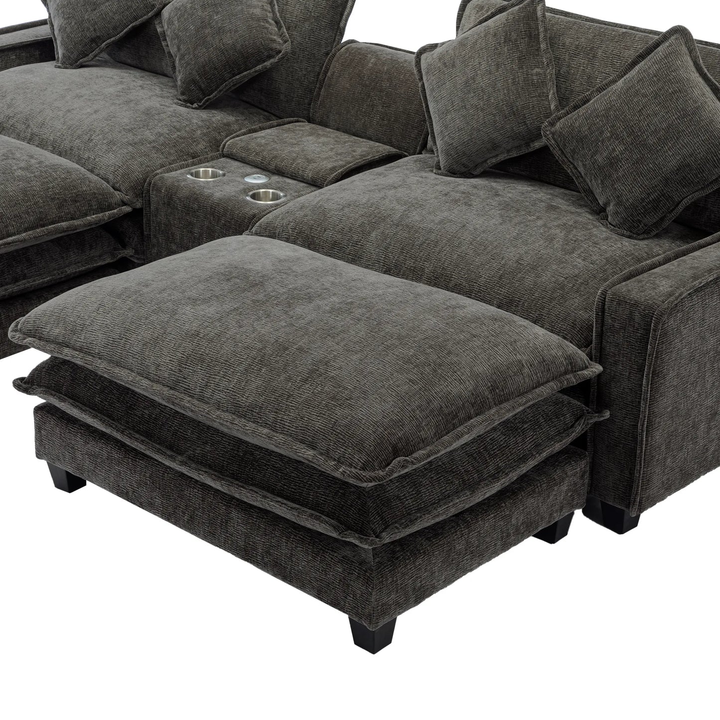 Plush Couch, Deep Seat Couch with Ottomans, Black