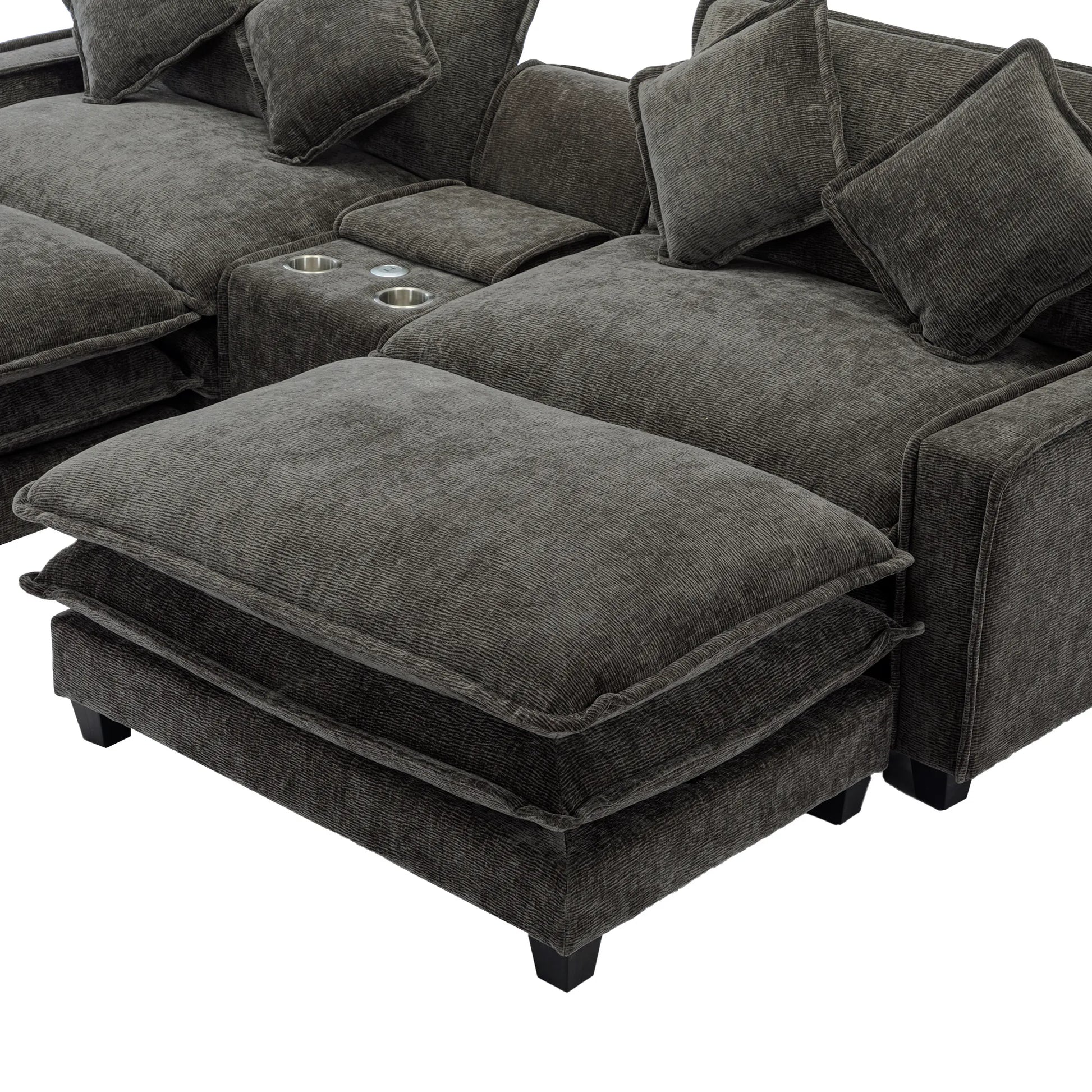 Plush Couch, Deep Seat Couch with Ottomans, Black