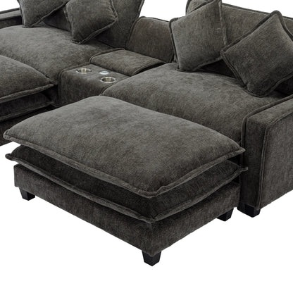 Plush Couch, Deep Seat Couch with Ottomans, Black