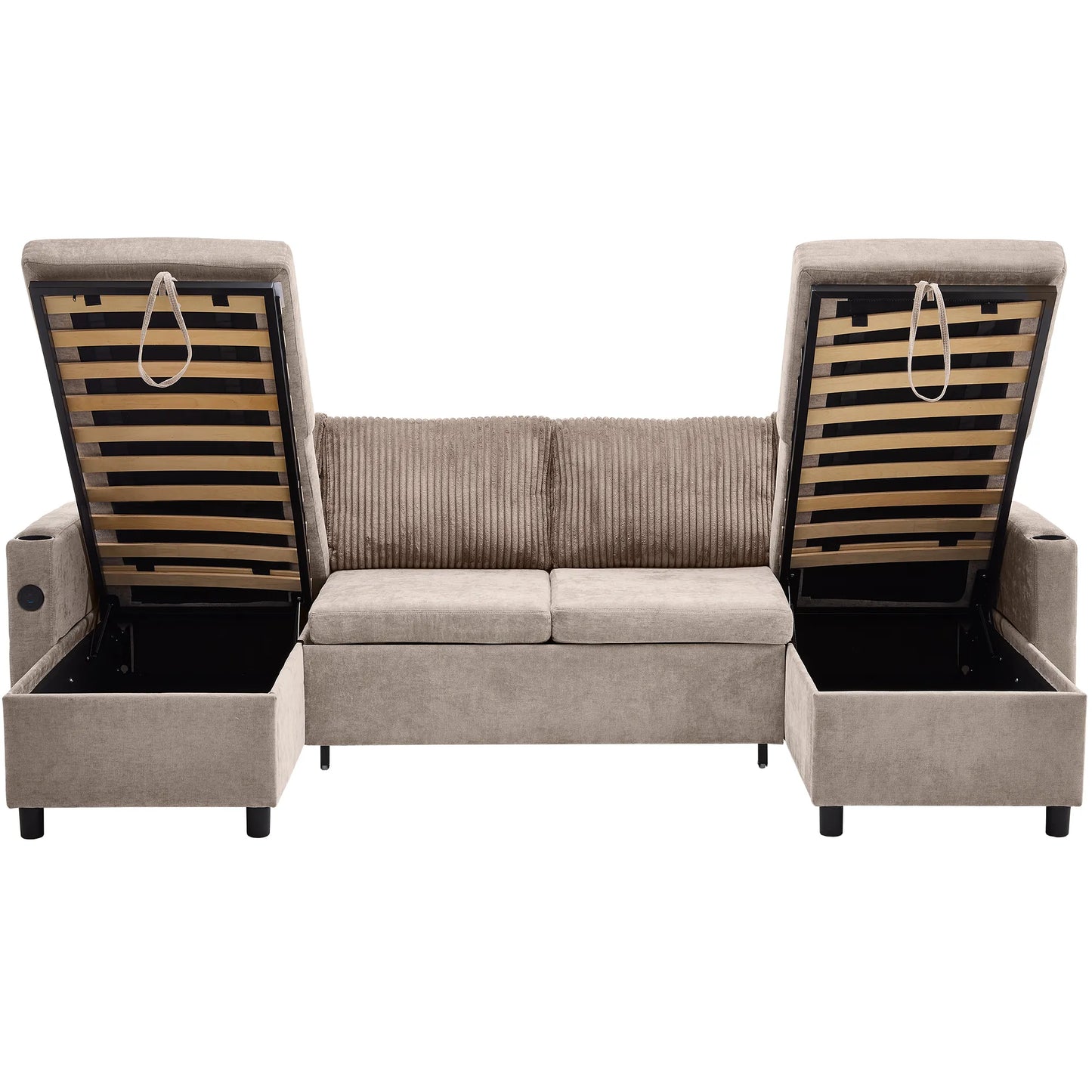Corduroy Couch with Chaise Sleeper, Sectional Sofa Pull-Out, Brown