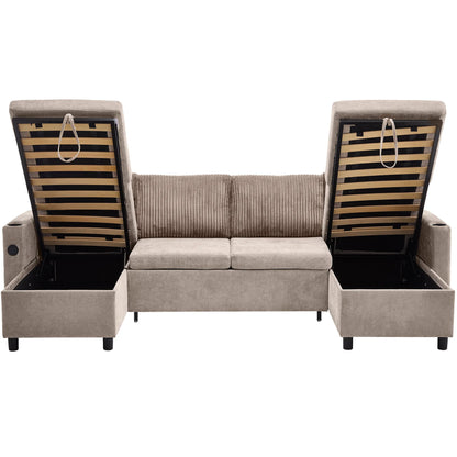 Corduroy Couch with Chaise Sleeper, Sectional Sofa Pull-Out, Brown