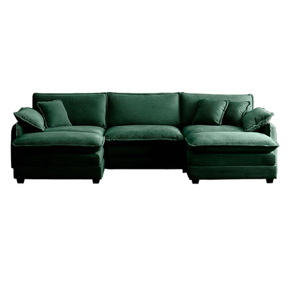 U Shape Sectional Cloud Sofa, Plush Corduroy Couch with Ottoman, Green