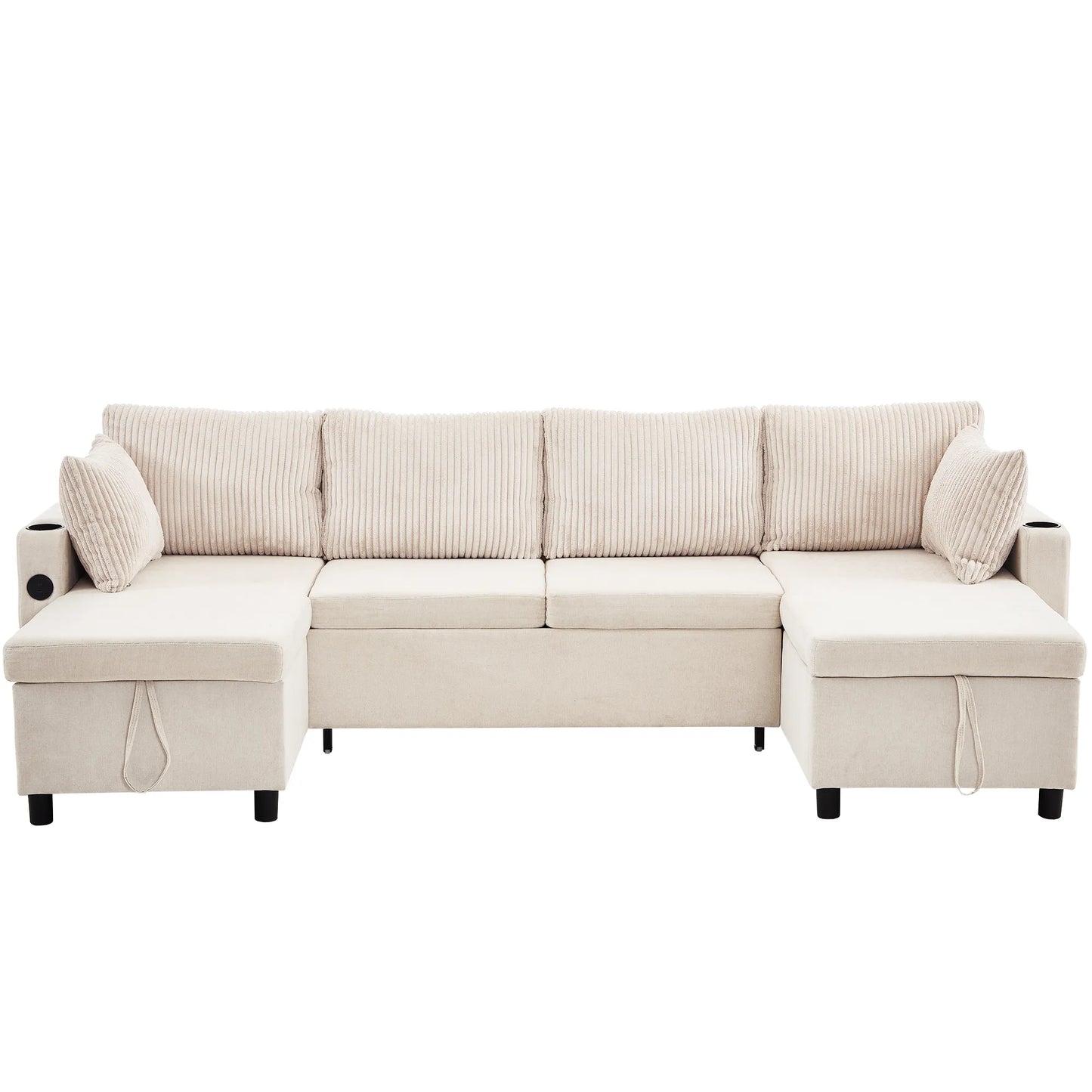 Corduroy Couch with Chaise Sleeper, Sectional Sofa Pull-Out, Beige
