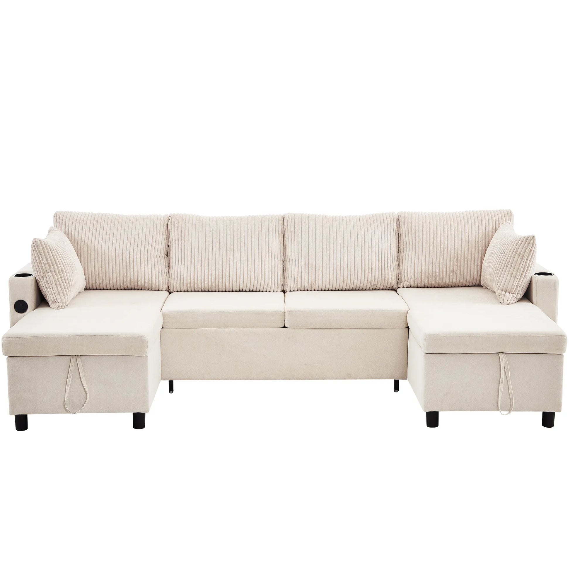 Corduroy Couch with Chaise Sleeper, Sectional Sofa Pull-Out, Beige