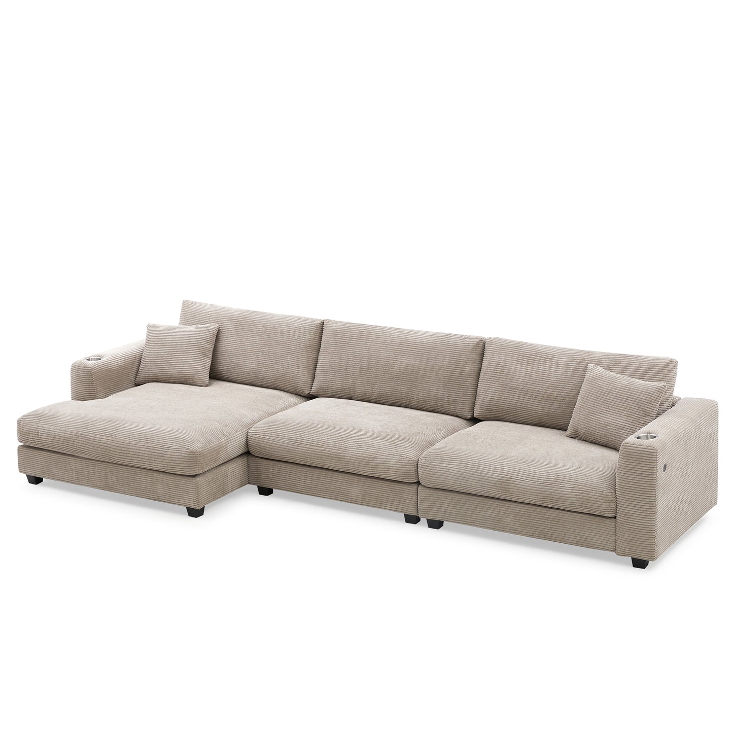 Deep Seat Corduroy Sofa, Large Sectional Couch with Chaise, Khaki