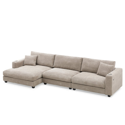 Deep Seat Corduroy Sofa, Large Sectional Couch with Chaise, Khaki