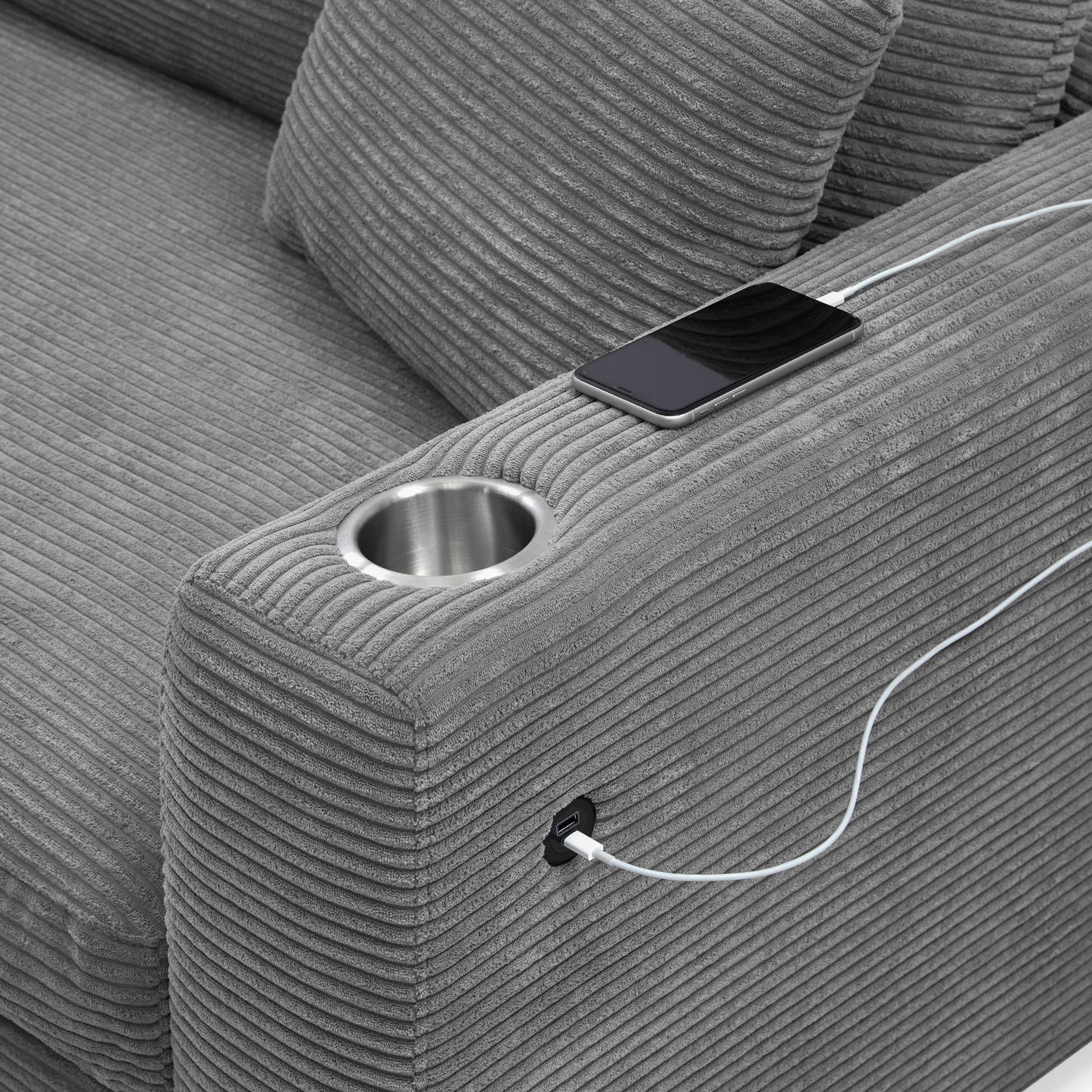 Deep Seat Corduroy Sofa, Large Sectional Couch with Chaise, Gray