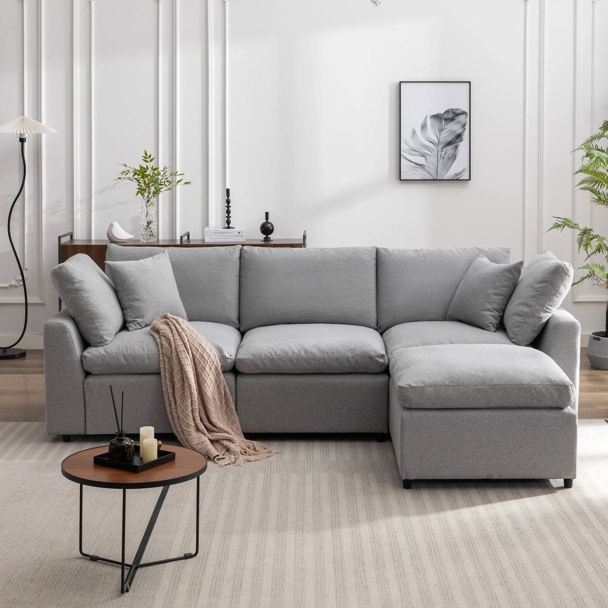 Louie Grey Sectional Couch, Sofa with Ottoman