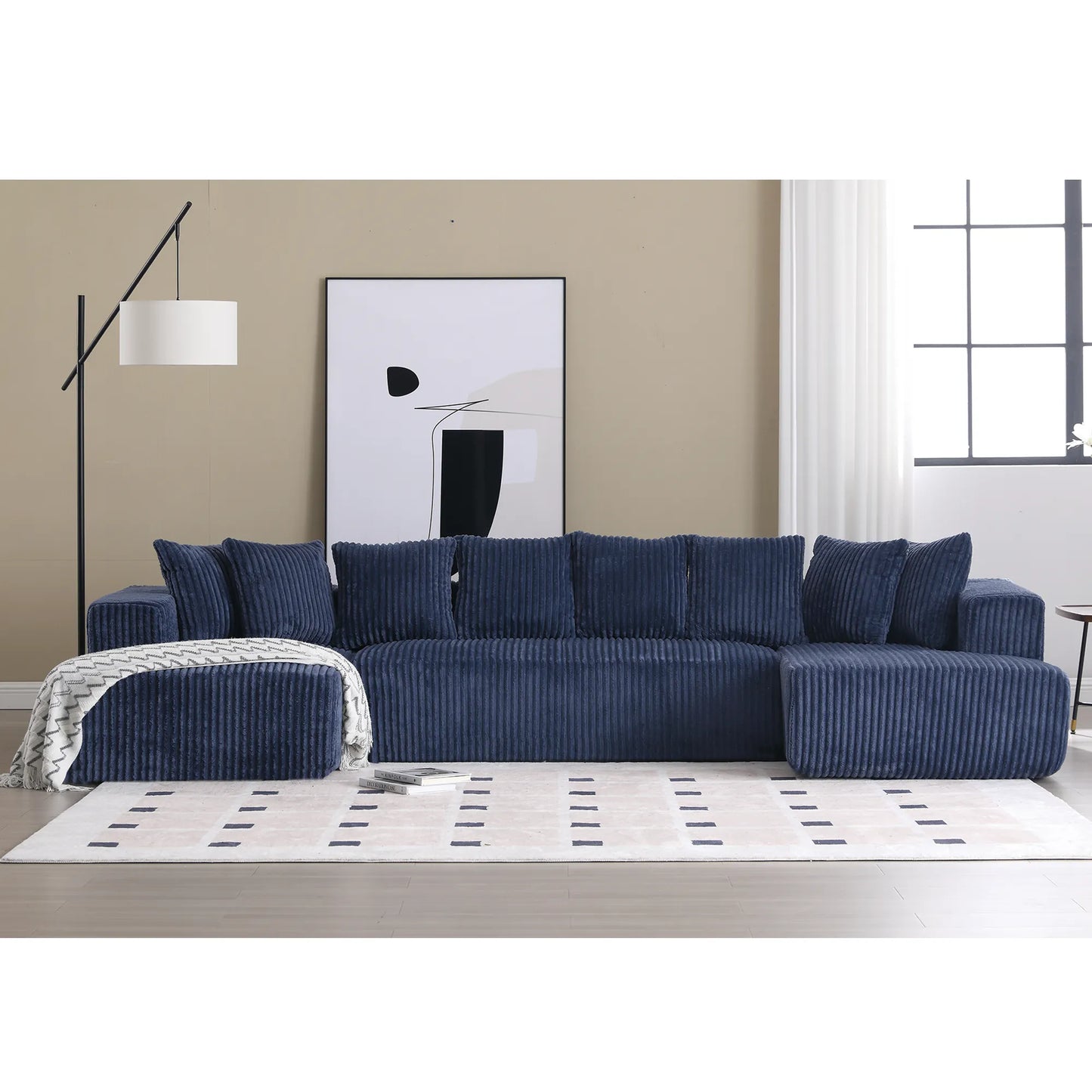 Modular U Shaped Sectional, Corduroy Couch with Double Chaise, Blue