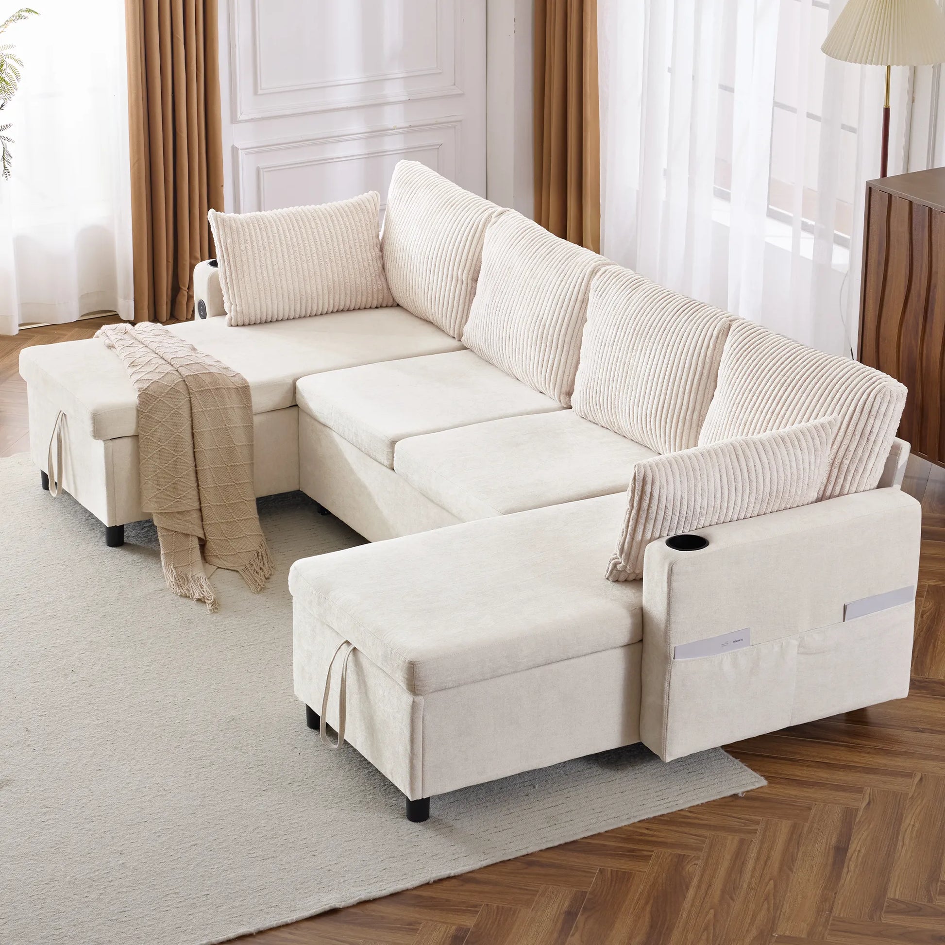 Corduroy Couch with Chaise Sleeper, Sectional Sofa Pull-Out, Beige