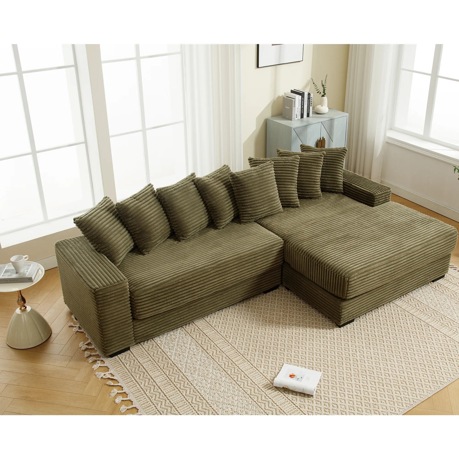L Shaped Corduroy Couch, Plush Chaise Lounge Sofa, Green