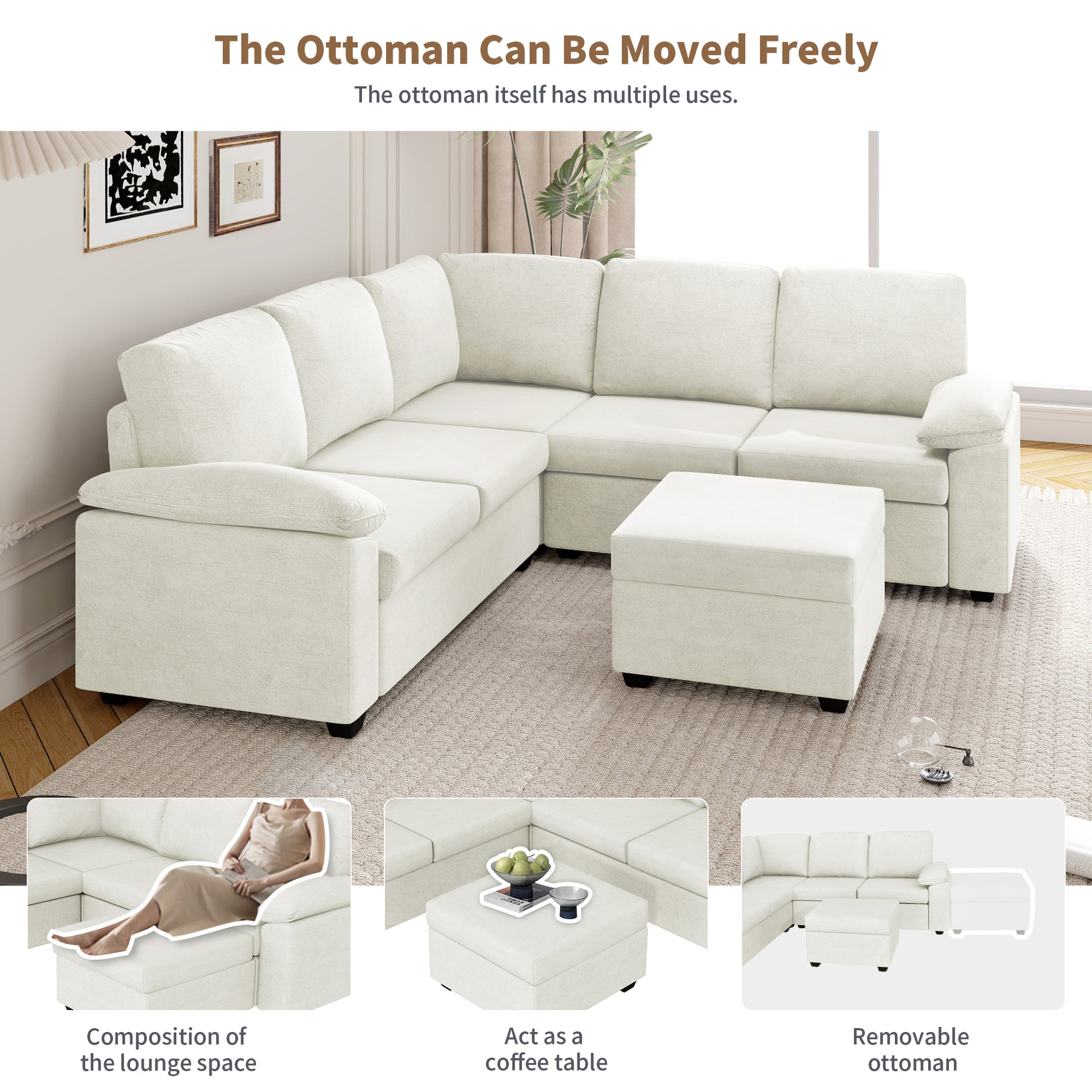 Modern L-Shape Velvet Sectional Sofa, Corner Couch with Ottoman, Beige