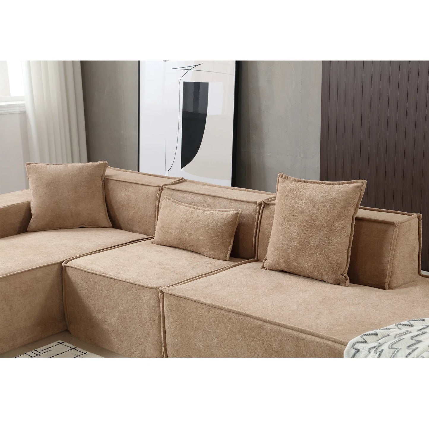 Modular Lounge Sofa, L Shaped Sectional with Chaise, Light Brown