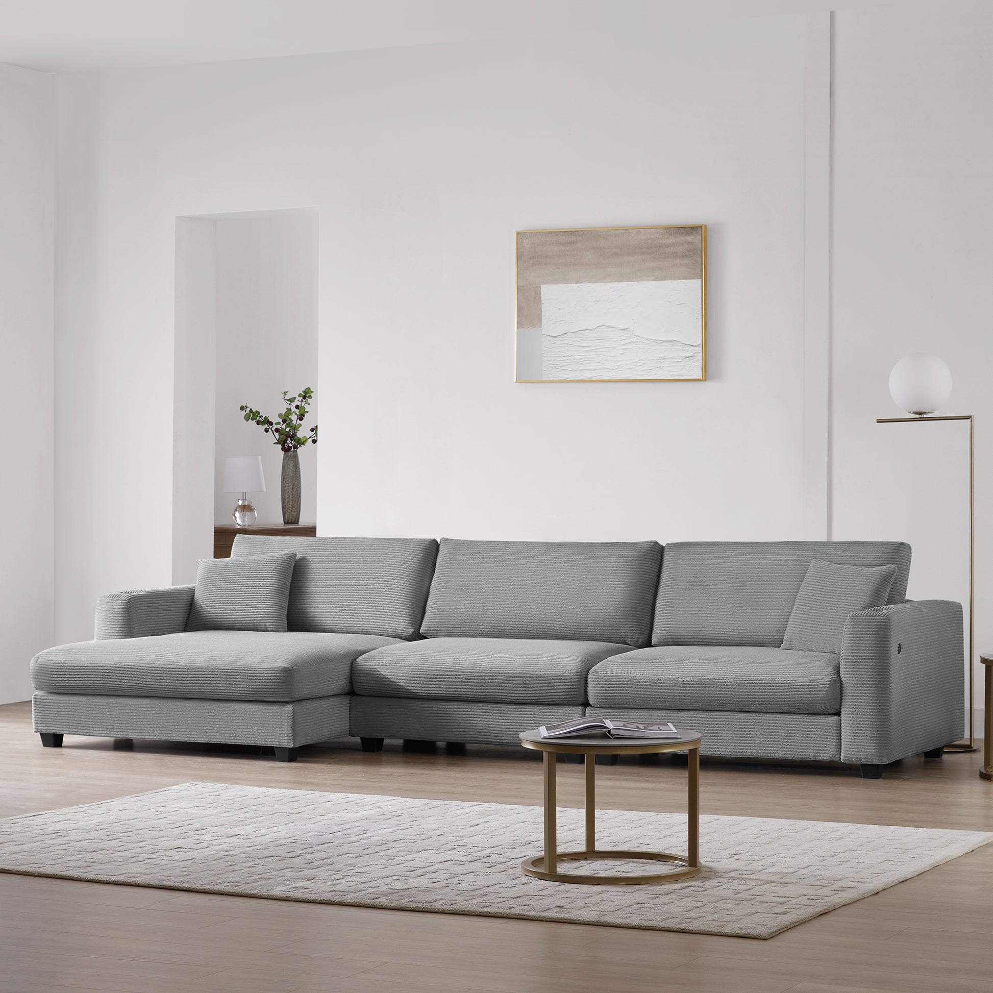 Deep Seat Corduroy Sofa, Large Sectional Couch with Chaise, Gray