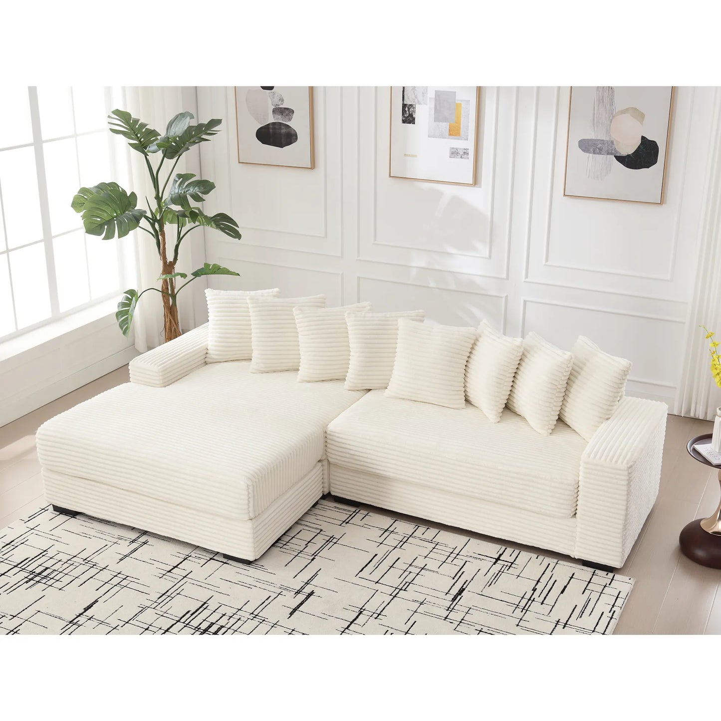L Shaped Corduroy Couch, Plush Chaise Lounge Sofa, Beige